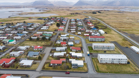 Aerial view of town of Hofn in hornafjordur in south Icelandの写真素材
