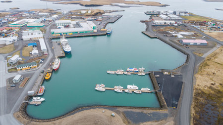Aerial view of town of Hofn in hornafjordur in south Icelandの写真素材