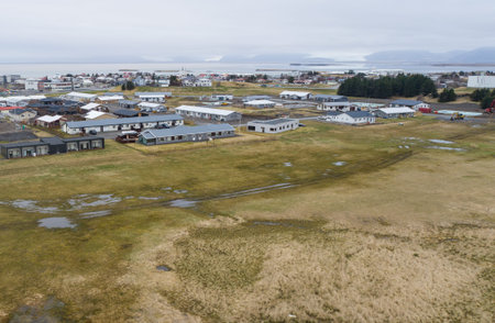 Aerial view of town of Hofn in hornafjordur in south Icelandの写真素材