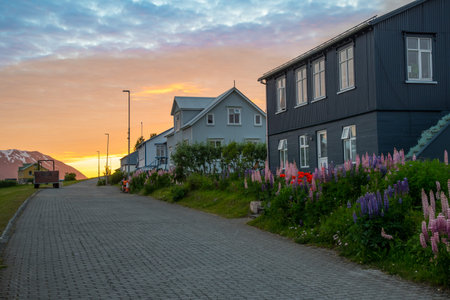 Summer sunset in the village on island of Hrisey in north Iceland