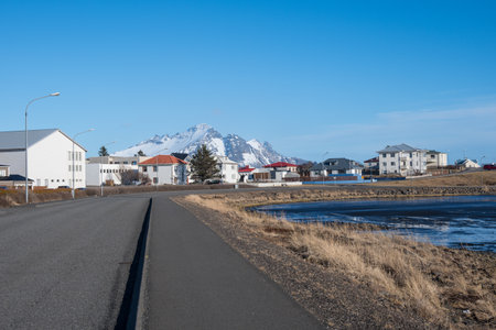 Old buildings in town of Hofn in Hornafjordur in south Icelandの写真素材