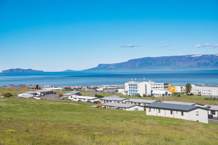 View over town of Saudarkrokur in North Icelandic countrysideの写真素材