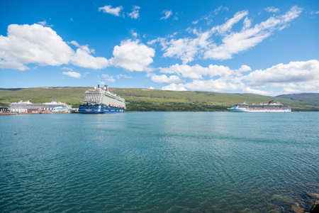 Akureyri Iceland - July 15. 2022: Cruise ships Carnival Pride and Mein Schiff 4 at port of Akureyri
