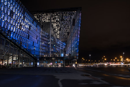 Reykjavik, Iceland - October 23. 2021: Concert hal Harpa in the evening with blue lightのeditorial素材