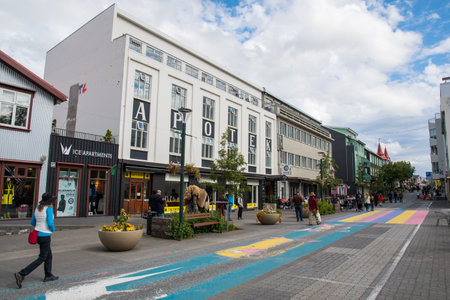 Akureyri Iceland - July 21. 2022: buildings and people in city center of Akureyriのeditorial素材