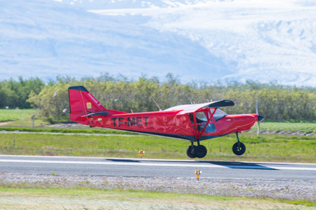 Hornafjordur Iceland - June 25.2022: I.C.P. Savannah S TF-MET airplane takeoff at Hornafjordur...