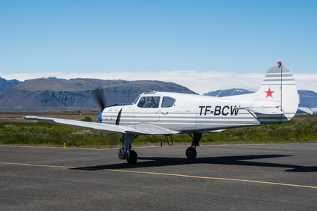 Hornafjordur Iceland - June 25.2022: TF-BCW Private Yakolev Yak-18T airplane taxiing at Hornafjordur...