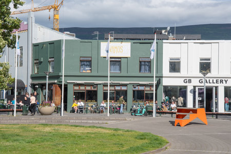Akureyri Iceland - July 28. 2022: buildings and people in city center of Akureyriのeditorial素材