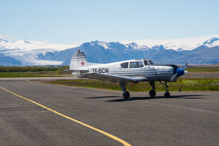 Hornafjordur Iceland - June 25.2022: TF-BCW Private Yakolev Yak-18T airplane taxiing at Hornafjordur airportのeditorial素材