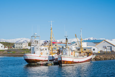 Hauganes Iceland, June 1. 2023: Oak passenger vessels in port of Hauganes