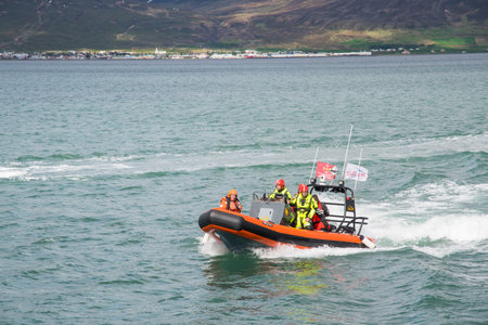 Eyjafjordur Iceland, June 3. 2023: Search and rescue vessel sailing on the seaのeditorial素材