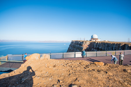 Bolungarvik Iceland - August 23. 2023: tourists on the sightseeing platform of Bolafjallのeditorial素材