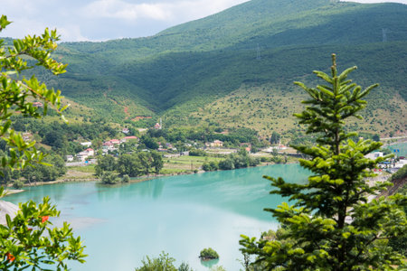 Village near lake Komoni in North Albanian countrysideの写真素材