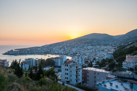 Beautiful city of Sarande in south Albania on a beautiful summer dayの写真素材