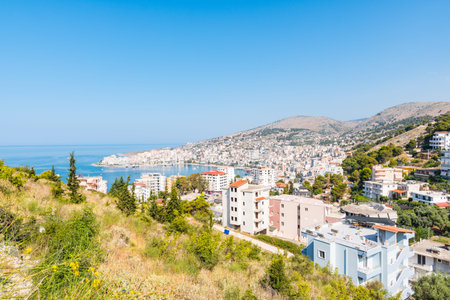 Beautiful city of Sarande in south Albania on a beautiful summer dayの写真素材