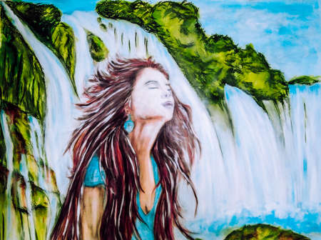 Inner peace - acrylic painting - woman relaxing in nature with the sound of the waterfallの写真素材