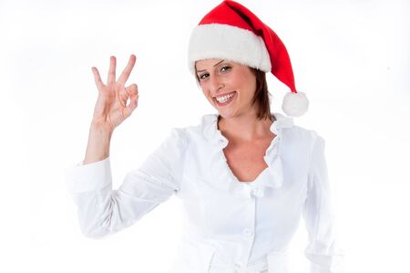Close up of laughing santa lady showing perfet gesture on white isolated backgroundの写真素材