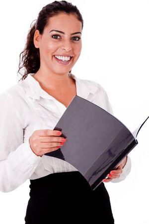 Happy smiling business woman with the files on white isolated backgroundの写真素材
