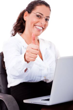 young business Woman showing thumbs up sign  on a white isolated backgroudの写真素材