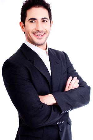 Hadsome business man with his hands folded on white isolated backgroundの写真素材