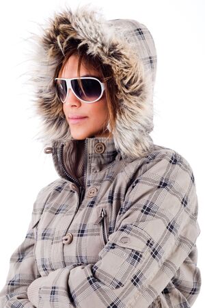 fashion model wearing sunglasses on isolated white backgroundの写真素材