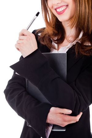 Business lady smiling with file and pen on a white backgroundの写真素材