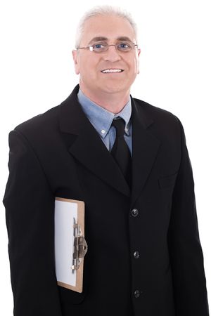 Mature business man holding a clipboard on isolated white backgroundの写真素材