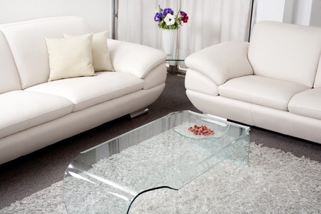Modern white leather couch in living roomの写真素材