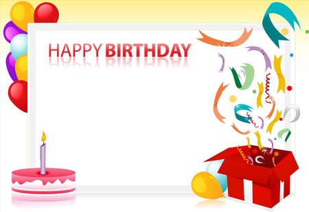 illustration of birthday with balloons and cake and sample text at the backの写真素材