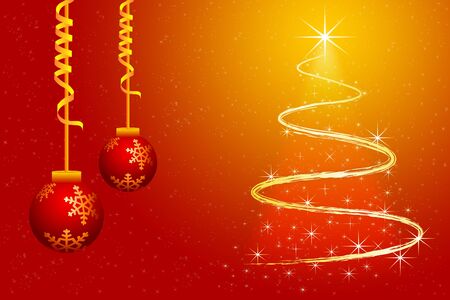 wallpaper for merry christmas with swirling pine tree and decorative ballsの写真素材