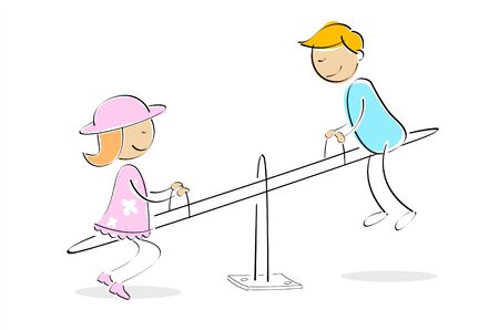 illustration of kids taking ride on seesaw against white backgroundの写真素材