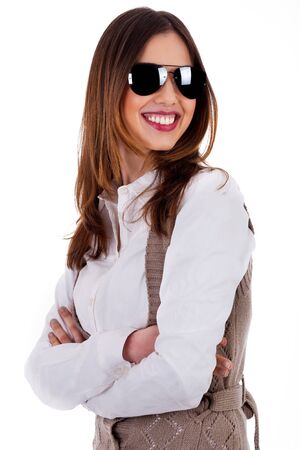 Half length of stylish lady wearing sunglasses against an isolated white backgroundの写真素材