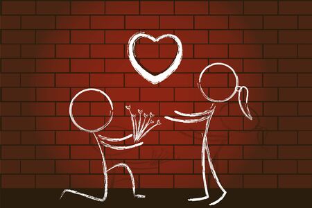illustration of male proposing female with brick wall at backgroundの写真素材