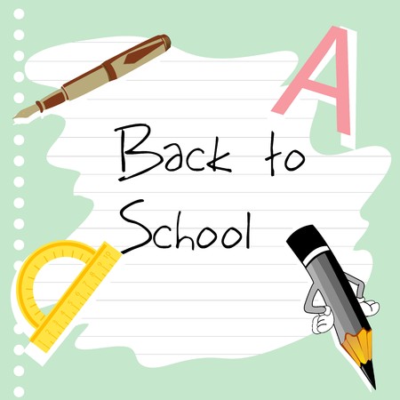 illustration of school stationery on paper with back to school textの写真素材