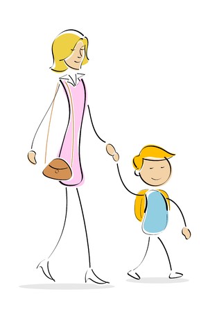 illustration of mother and son going to school on white backgroundの写真素材