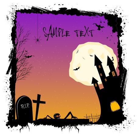illustration of halloween night with haunted castel in a grungy frameの写真素材