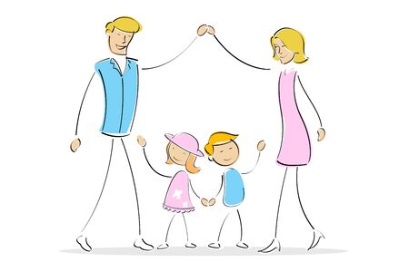 illustration of mother and father forming home with their hand and kids inside the homeの写真素材