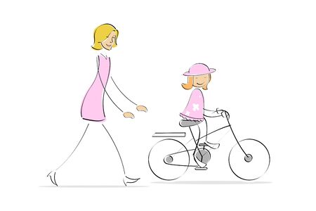 illustration of mother giving lesson of cyling to her daughterの写真素材