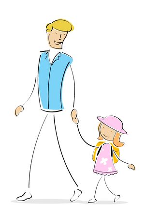 illustration of father and daughter going to school on an isolated backgroundの写真素材