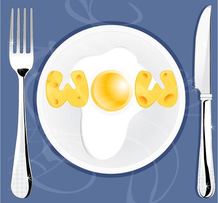 illustration of wow text made of cheese and egg on plate with cutleryの写真素材