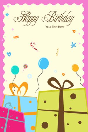illustration of birthday card with gift boxes,balloons and happy birthday textの写真素材
