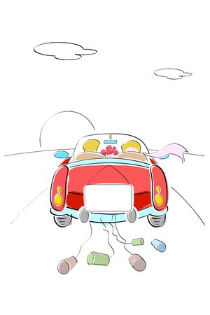 illustration of just married couple on car driving to their honeymoonの写真素材