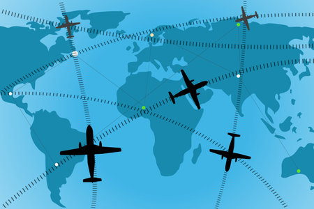 illustration of airline route on world map