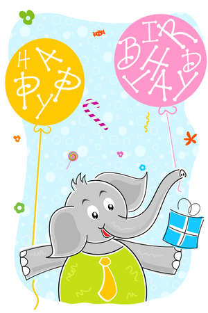 illustration of elephant with birthday balloon and giftの写真素材