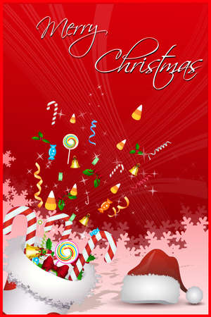 illustration of christmas sock full of candies and santa hat on a snowy backgroundの写真素材