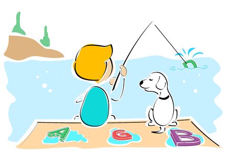 illustration of boy and dog fishing textのイラスト素材