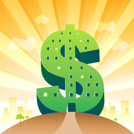 illustration of dollar shape building on cityscapeのイラスト素材