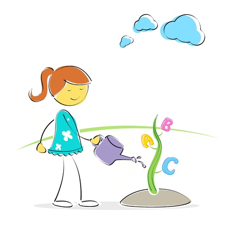 illustration of girl watering abc plantのイラスト素材