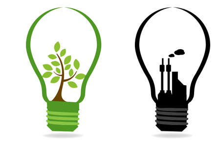 illustration of comparison between two bulbs with plant and industry on white backgroundのイラスト素材