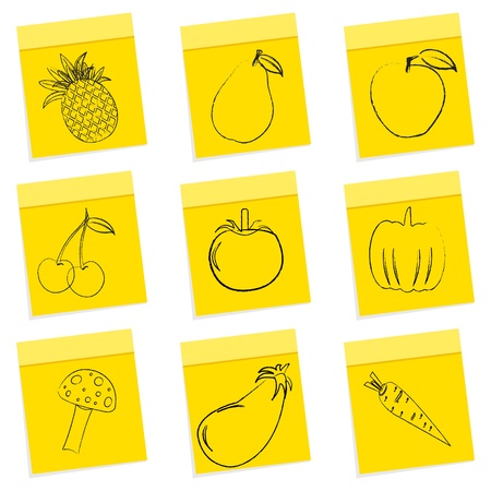 illustration of fruit & vegetables sketch on chit stickerのイラスト素材